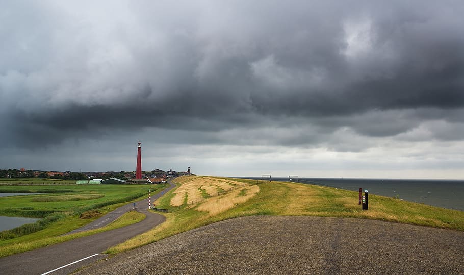 thunderstorm, lighthouse, dike, sea, forward, threatening, summer HD wallpaper