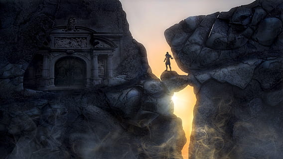 man stands between mountain and castle digital wallpaper, fantasy HD wallpaper