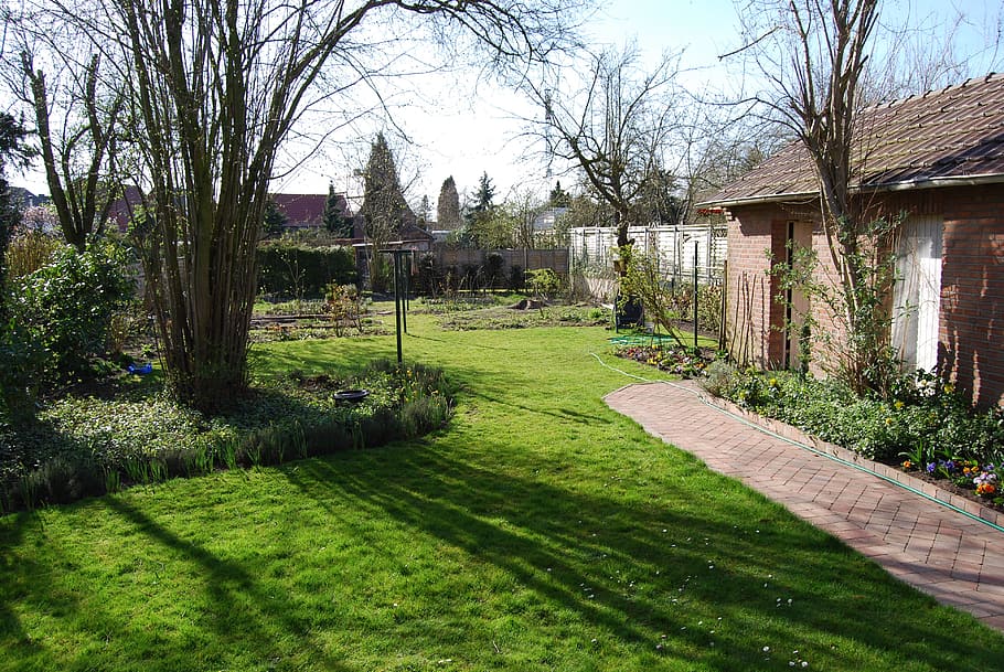 garden, spring, idyll, nature, flowers, plant, tree, architecture HD wallpaper