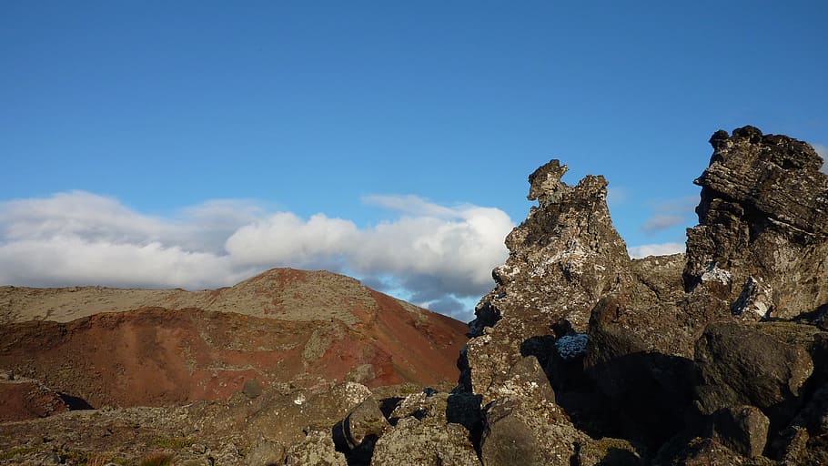 mountain, rock, sky, clouds, red, iceland, rock - object, solid HD wallpaper