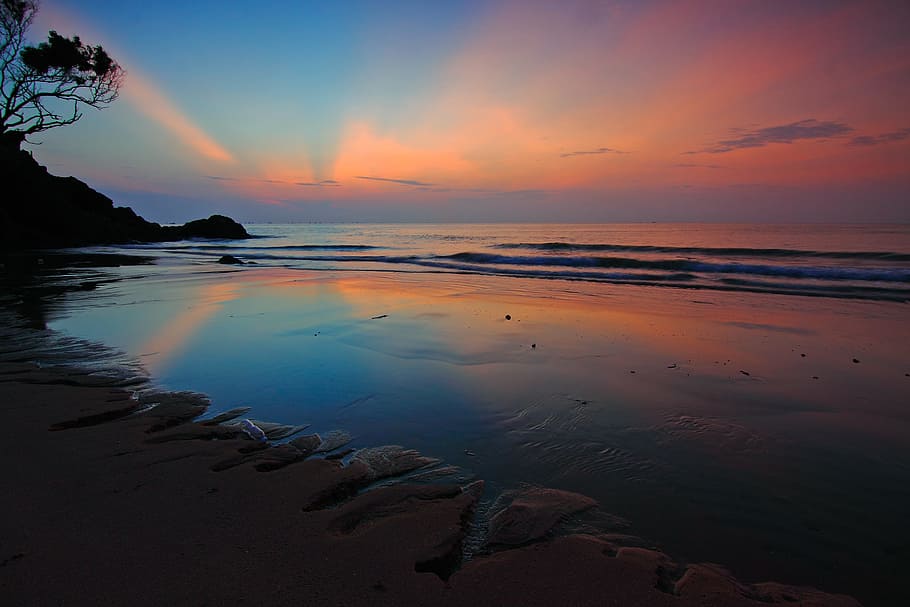 light, sea, dawn, landscape, beach, clouds, dusk, evening, horizon HD wallpaper