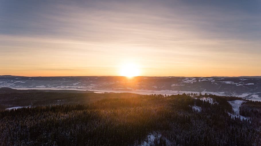 Sun, Dawn, Sunset, Nature, Winter, landscape, aerial, forest HD wallpaper