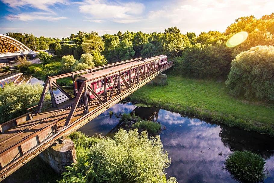 Old Train Crossing the Old Steel Bridge, forest, nature, river, HD wallpaper