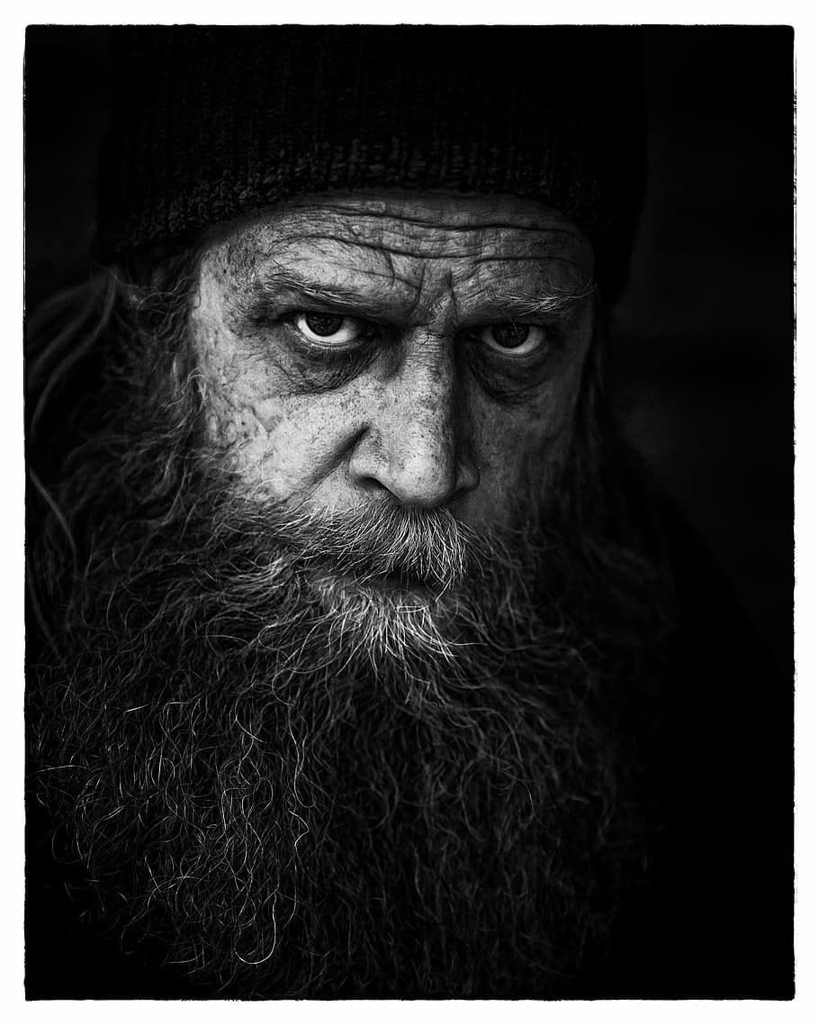 man wearing knit cap grayscale portrait, people, homeless, male