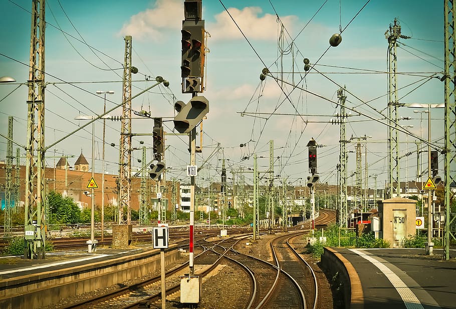 electricity poles beside railroad, train, railway, station, travel, HD wallpaper