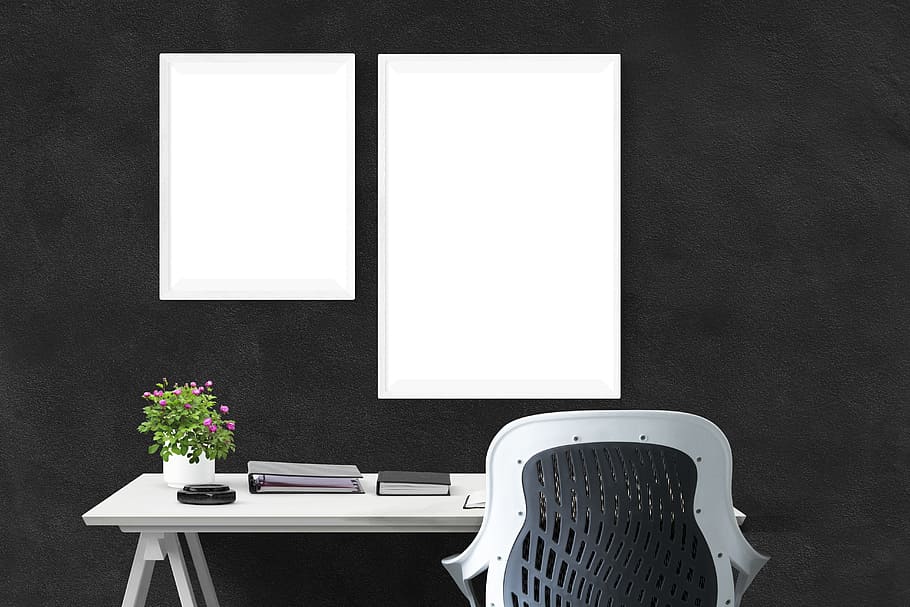 white and black armchair and white wooden desk, poster, wall HD wallpaper