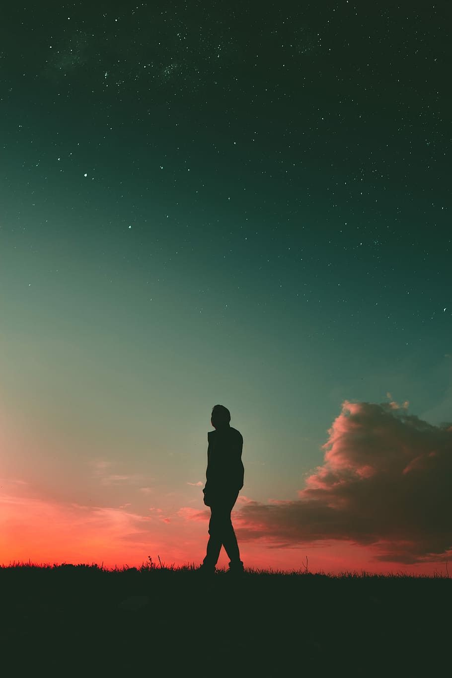 silhouette of man during sunset, silhouette photo of a man standing on grass under cloudy sky during golden hour