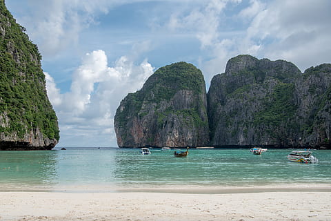 boats on body of water, phi phi islands, phi phi lay, maya bay HD wallpaper