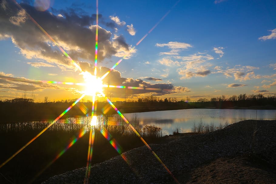 nature, sun, sky, sunset, schönwetter, reflection, dawn, dusk HD wallpaper