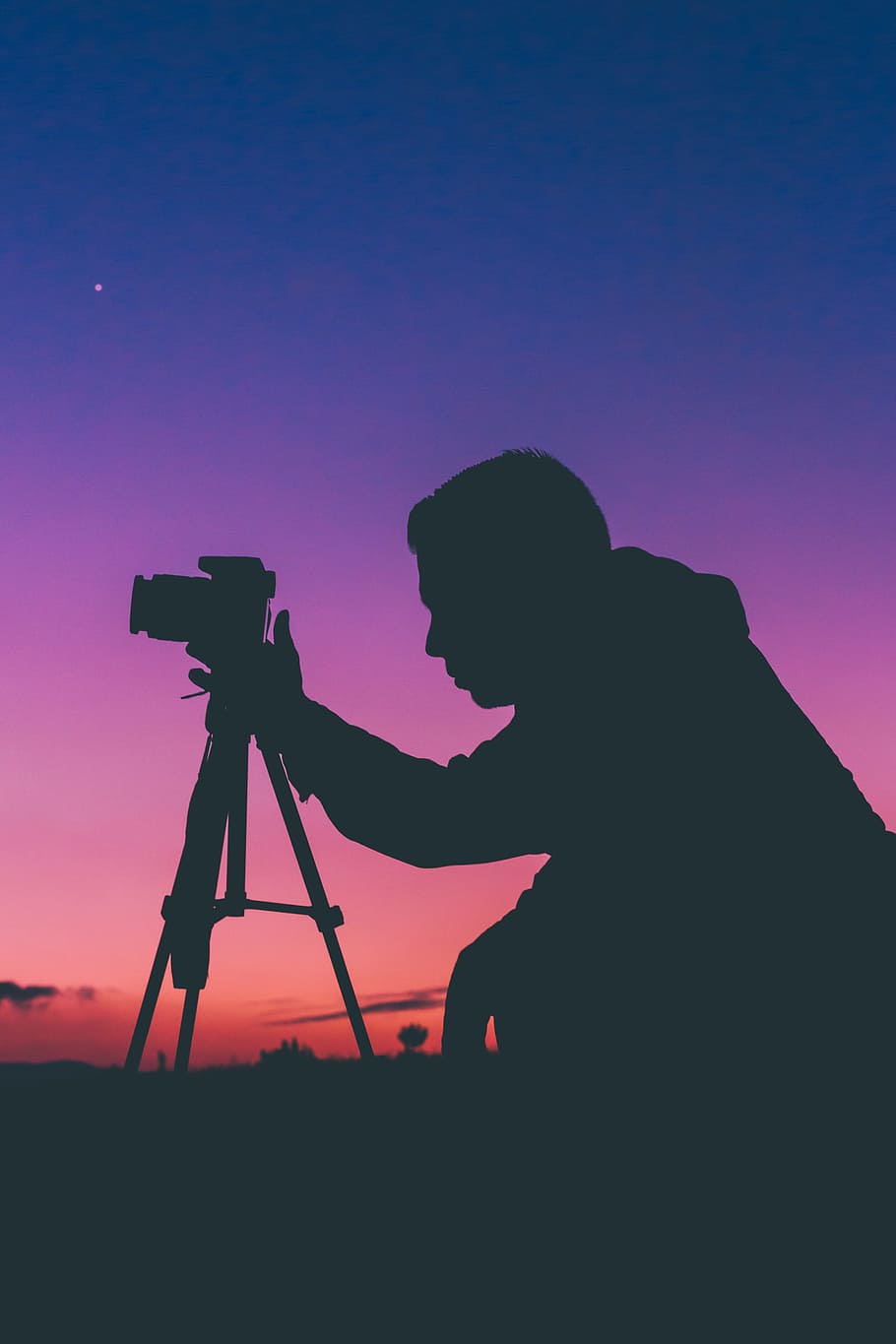 silhouette, man, guy, photographer, shooting, dslr, tripod, HD wallpaper