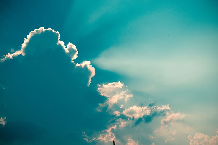 cloudy sky, blue, clouds, sun rays, nature, cloud - sky, beauty in nature HD wallpaper