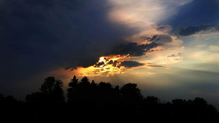 Sky, Cloud, Sunshine, Sunset, storm, three's, silhouette, tree HD wallpaper