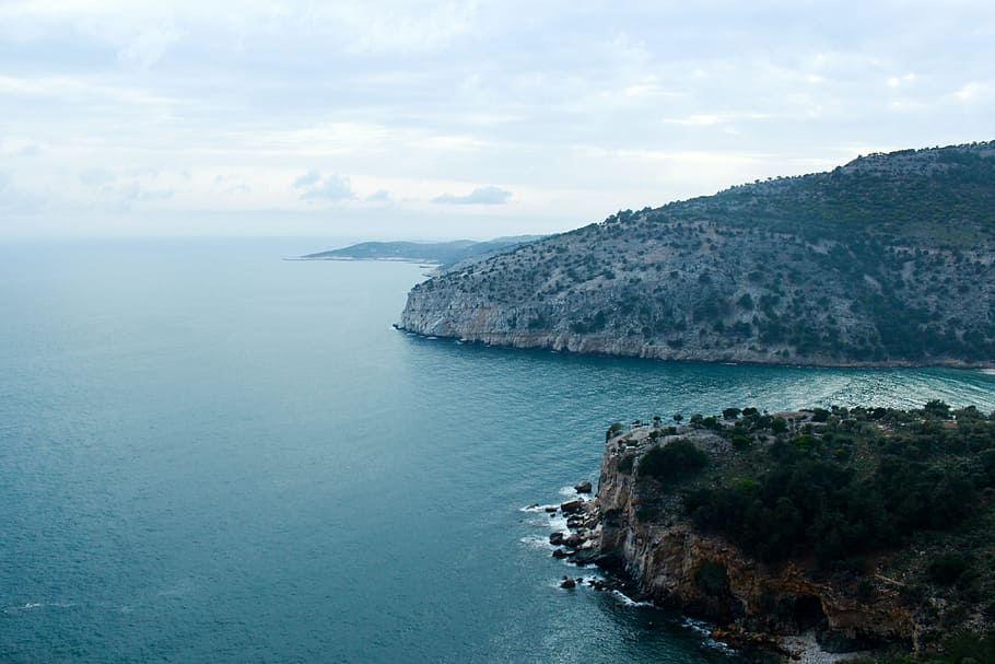 bay, clouds, mountain, nature, ocean, rocks, rocky shore, scenic HD wallpaper