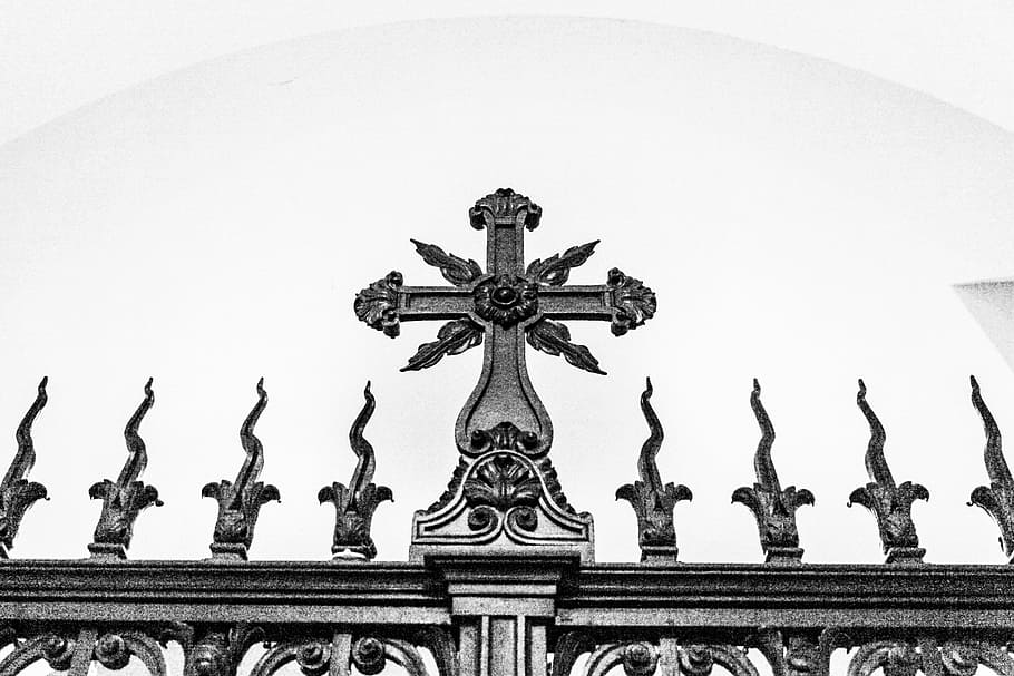 decorative gate, cross, entrance, church, architecture, old HD wallpaper