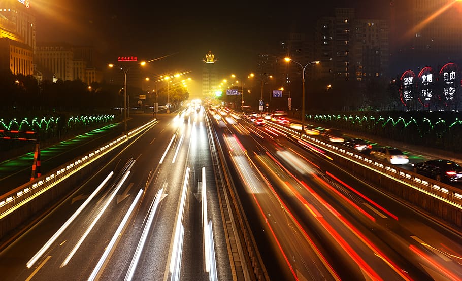 timelapse photography in city, traffic, beijing, night, speed HD wallpaper