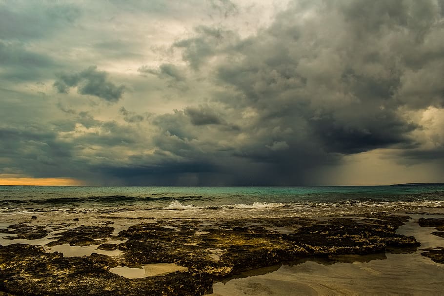 sea under nimbus clouds, sky, storm, beach, nature, afternoon HD wallpaper