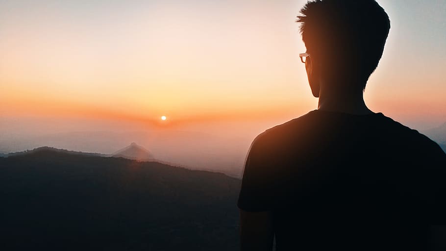 Hd Wallpaper Man S Silhouette Facing Mountain At Golden Hour Man Standing On Top Of The Mountain Wallpaper Flare