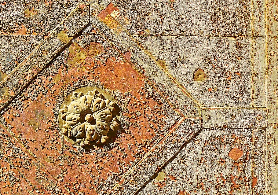 orange and gray concrete wall decor, rosette, stainless, door HD wallpaper