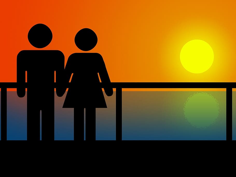 silhouette illustration of man and woman, beach, coast, couple HD wallpaper