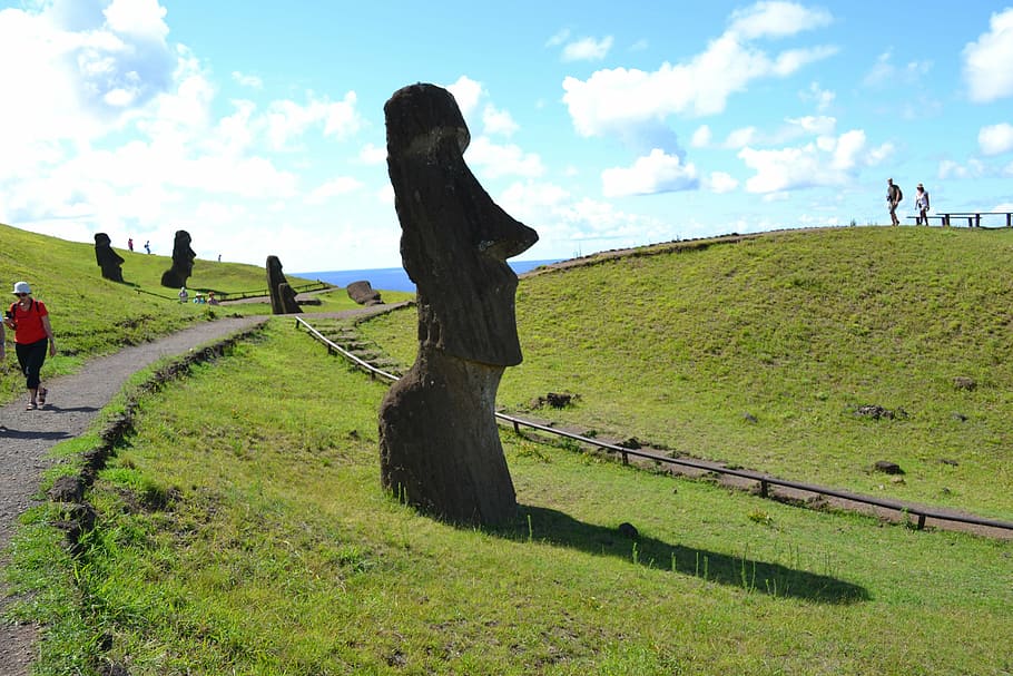 rapa nui, easter island, moai, grass, sky, plant, cloud - sky