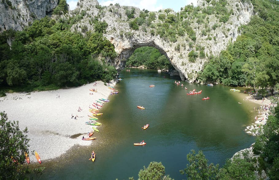bow bridge, ardèche, canoe, river, water, plant, tree, nature HD wallpaper