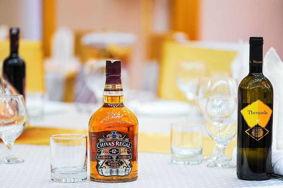 Chivas Regal 12 glass bottle, table, restaurant, drink, brandy, HD wallpaper