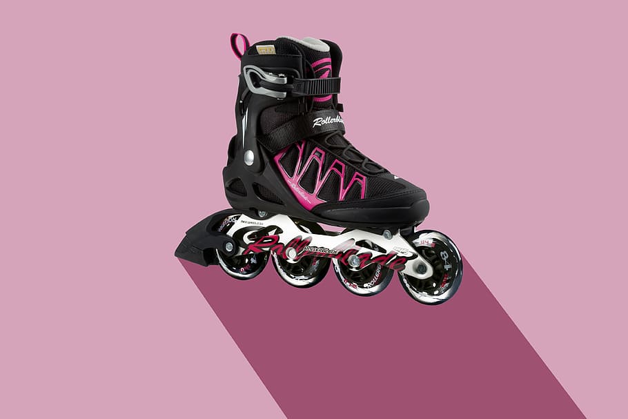 unpaired black and pink inline skate, sport, training, shoe, roll, HD wallpaper
