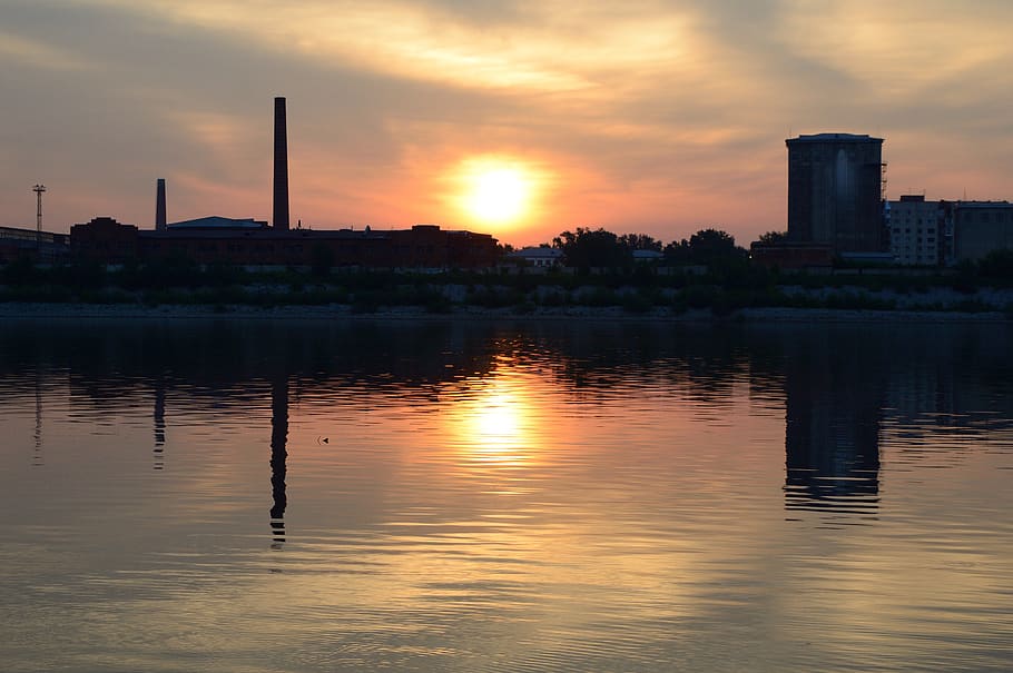 sunrise, dawn, river, sky, sunset, reflection, water, architecture HD wallpaper