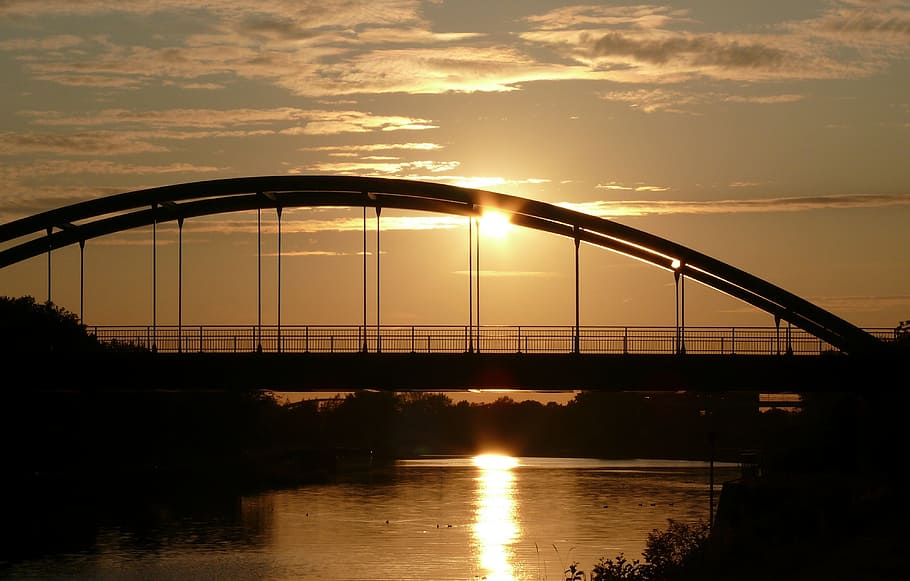 bridge, sky, sunset, waters, river, dusk, reflection, light HD wallpaper