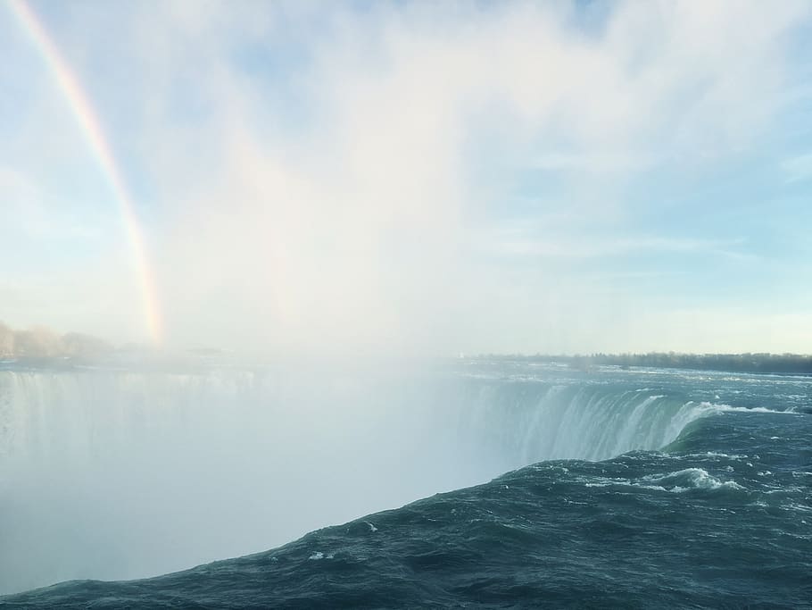 rainbow, waterfall, river, stream, sky, mist, splash, blue HD wallpaper