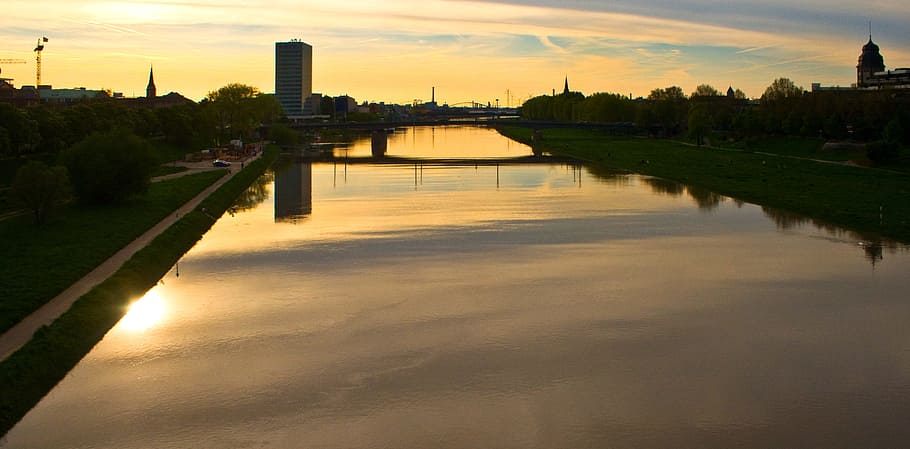 Mannheim, Neckar, Sunset, water reflection, architecture, built structure HD wallpaper