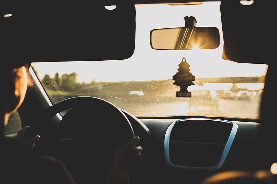 person driving car during daytime, person sitting on driver's seat inside vehicle during golden hour HD wallpaper