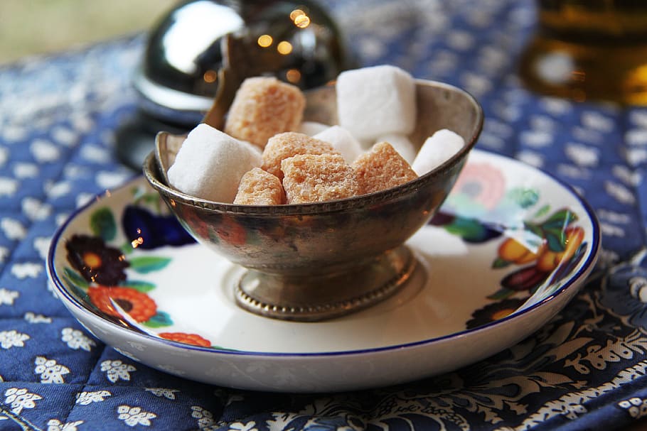 sugars on stainless steel bowl, brown, white, cube, deco, flowery HD wallpaper