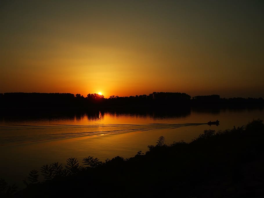 sunset, dusk, twilight, river, boat, water, sky, silhouette HD wallpaper