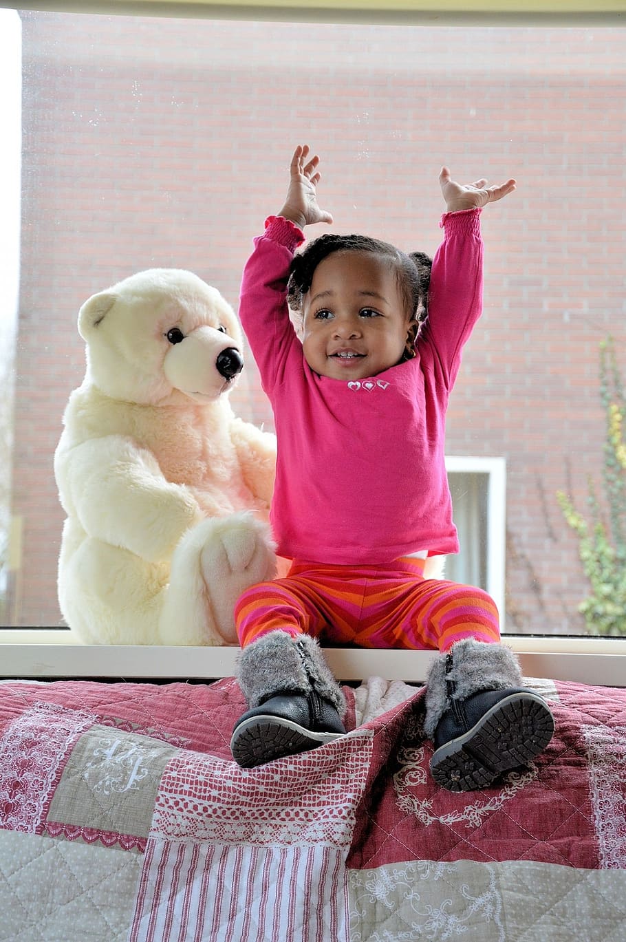 toddler sitting on table beside polar bear plush toy, girls, children, HD wallpaper