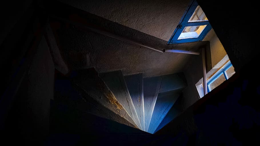 top view of staircase, brown framed mirror with reflection of glass window HD wallpaper