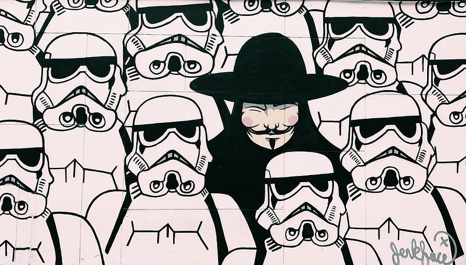 painting of Guy Fawkes and Star Wars Stormtroopers, Star Wars illustration