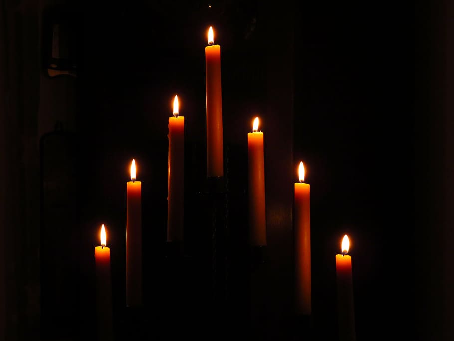 lit red candles, candlestick, wax candle, flame, darkness, burn HD wallpaper