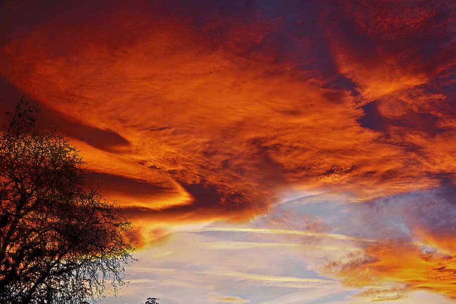 Red, Mountains, Sunset, Red Sky, blue, glow, dawn, afterglow HD wallpaper