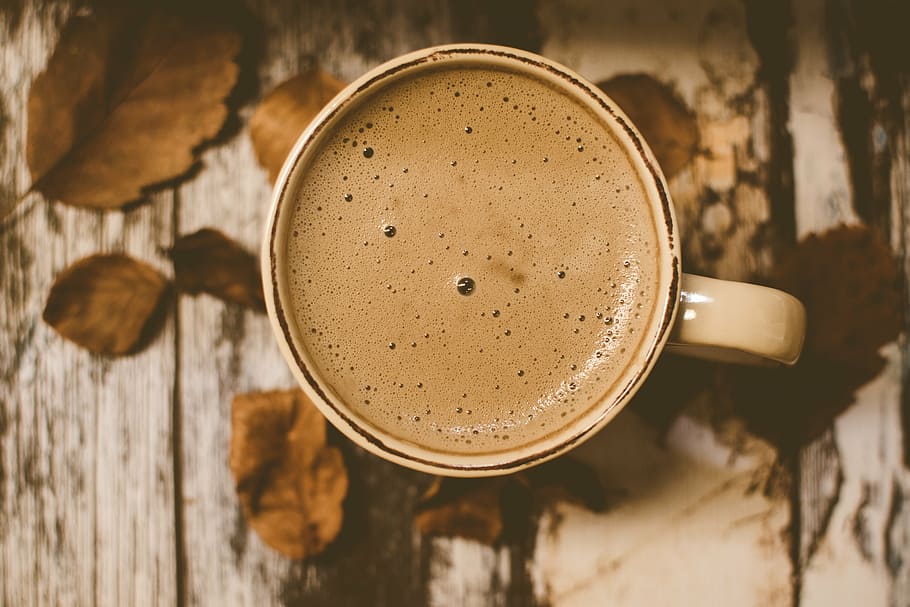 photography of latte coffee in mug, antique, beverage, breakfast