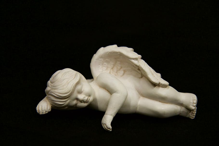 angel figurine against black background, art, ceramic, figure HD wallpaper