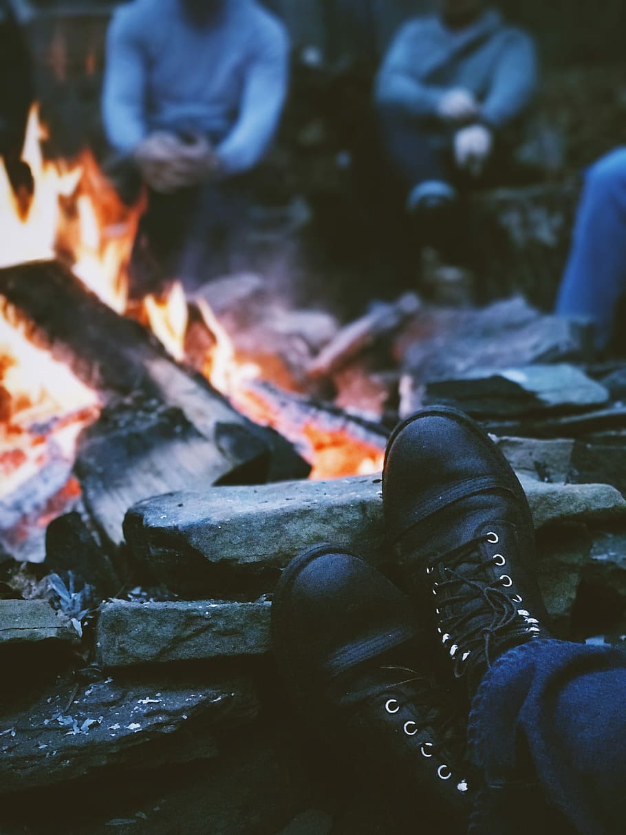 person wearing leather boots facing bonfire, black, flame, burning HD wallpaper