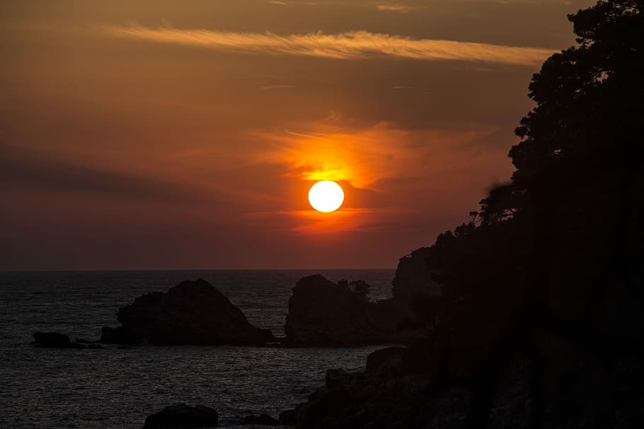 Sundown, Sea, Mountains, Sunset, Water, sky, evening, travel HD wallpaper