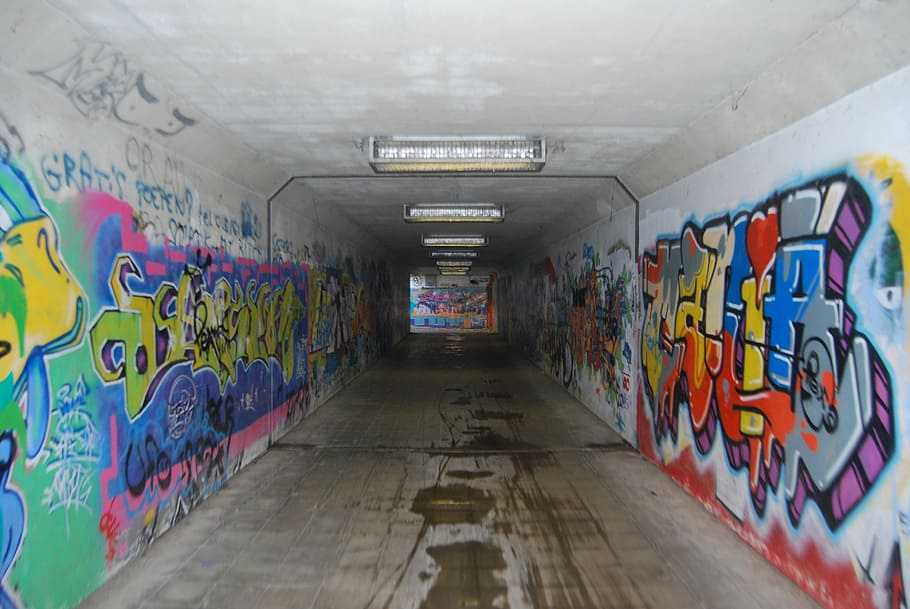 graffiti, drawing, tunnel, mural, vandalism, pedestrian tunnel