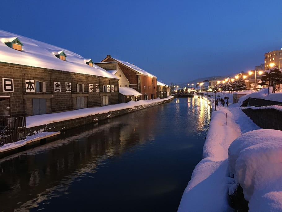 snow covered houses and street, Japan, Otaru, Hokkaido, Canal
