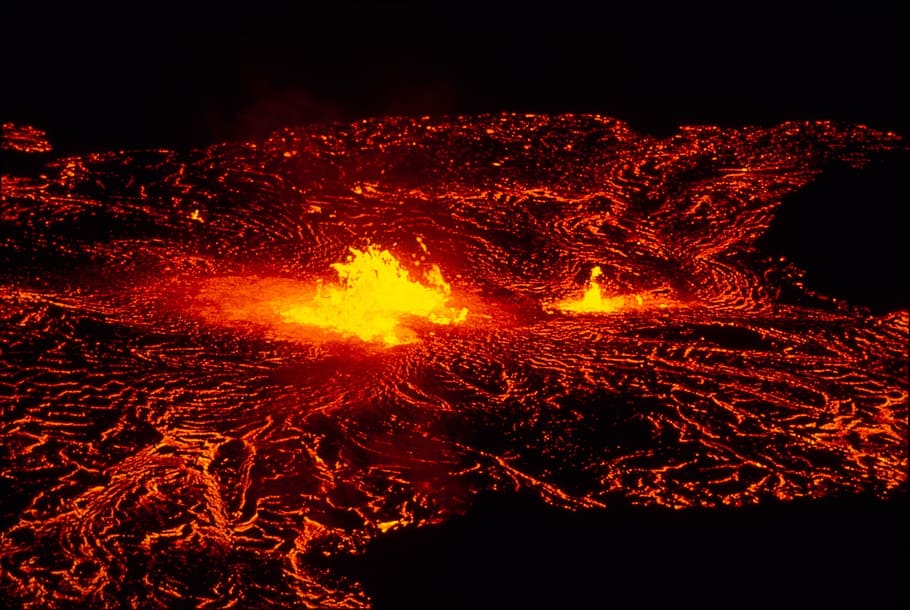 black and red Lava, volcano, eruption, night, heat, flow, landscape