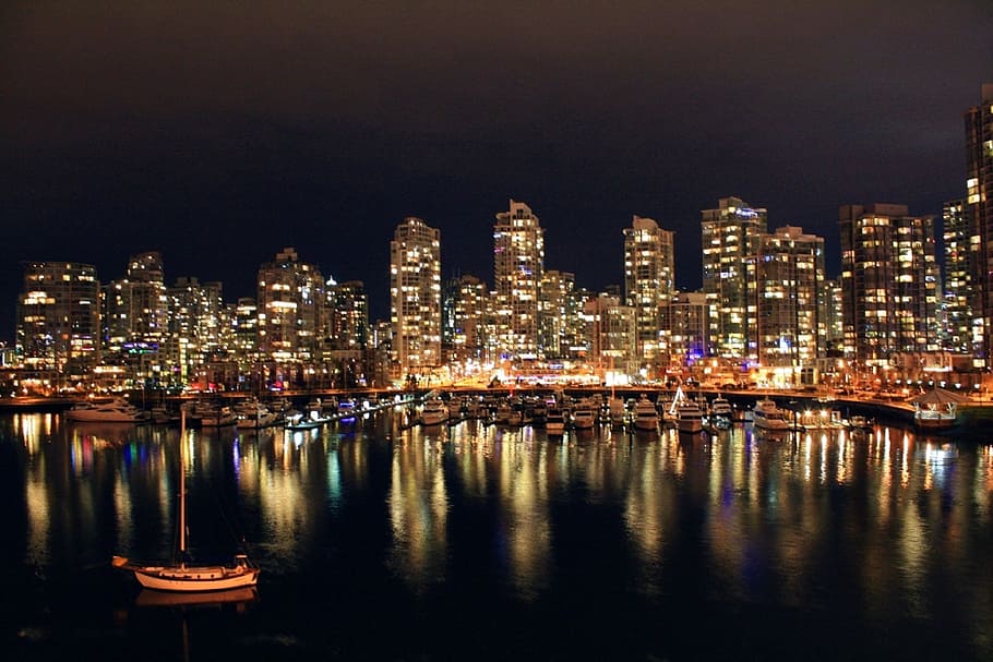 panoramic photography of city at night time, vancouver, water HD wallpaper