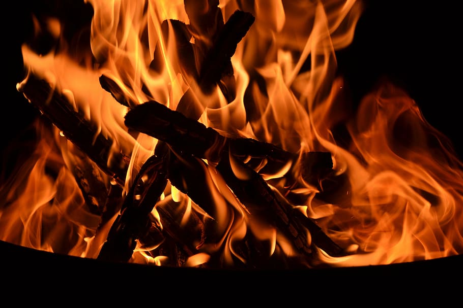 fire, logs, burning, night, dark, hot, flame, glowing, heat HD wallpaper