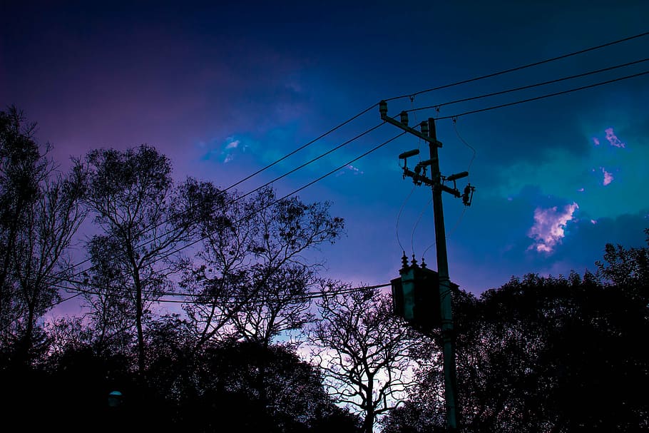 road, sunset, sky, energy, tree, technology, electricity, cable HD wallpaper