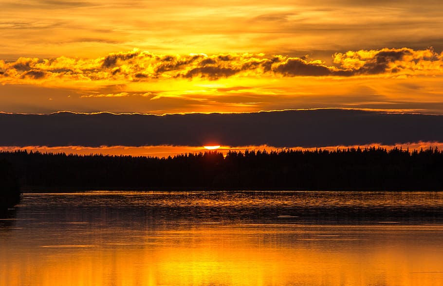 sunset, lake, horizon, sky, orange, kuusamo, water, reflection HD wallpaper